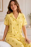 Sarı Limon Desenli Kısa Kollu Gömlek Yaka Milan Kumaş Kadın Pijama Takımı-1