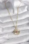 316L Çelik Gold Renk Pembe Zirkon Taşlı Kalp İşleme Madalyon Model Kadın Kolye 5886-2
