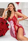 Night Kadın Kırmızı kalp Desenli saten Gecelik 2220-1