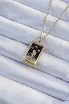 316L Çelik Zincir Gold Renk Zirkon Taşlı Siyah Mineli Kız Figürlü Tarot Kolye-1