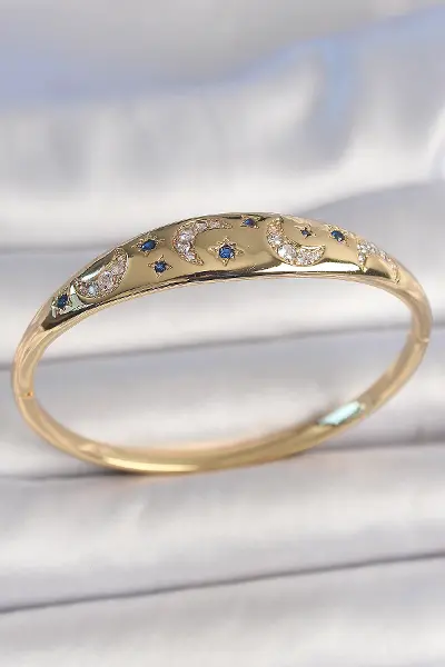 Pirinç Gold Renk Zirkon Taşlı Hilal İşleme Mavi Taşlı Yıldız Detay Kadın Kelepçe