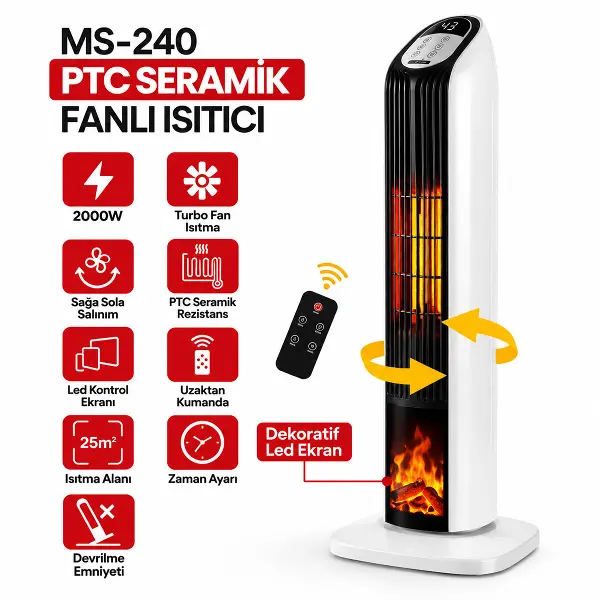 KUMANDALI SICAK DİK PTC SERAMİK FANLI ISITICI LED KONTROL EKRAN - DEVRİLME EMNiYET 2000W MS-240 (4745)