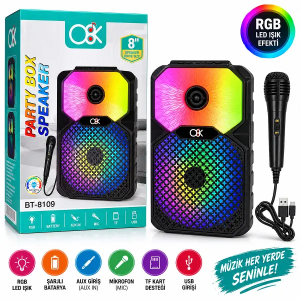 PL-4805 KARAOKE MİKROFONLU SPEAKER HOPARLÖR BT - SD - USB SARJLI RGB IŞIKLI DC 5V - AUX 8 INC BT-8109 (4745)
