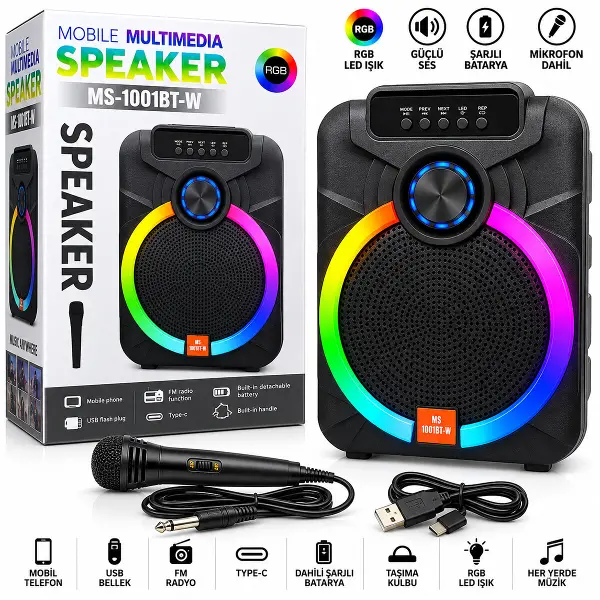 10 INC KARAOKE MİKROFONLU SPEAKER HOPARLÖR BT - SD - USB SARJLI RGB IŞIKLI DC 5V - AUX MS-1001BT-2 PL-4800 (4745)