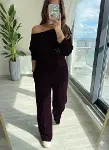 Kadın Uzun Kollu Tek Omuzdan Açık Modal Bluz Ve Pantolon Ikili Mürdüm Takım-2