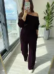 Kadın Uzun Kollu Tek Omuzdan Açık Modal Bluz Ve Pantolon Ikili Mürdüm Takım-1
