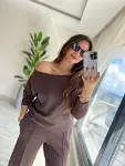 Kadın Uzun Kollu Tek Omuzdan Açık Modal Bluz Ve Pantolon Ikili Takım-3