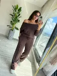 Kadın Uzun Kollu Tek Omuzdan Açık Modal Bluz Ve Pantolon Ikili Takım-5