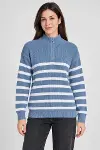 Dik Yaka Yarım Fermuarlı Çizgili Selanik Örgü Triko Kazak - Mavi-3