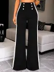 Kadın Yüksel Bel Düğmeli Yandan şerit Detaylı Paçaya Doğru Genişleyen Ithal Krep Pantolon-3