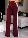 Kadın Yüksel Bel Düğmeli Yandan şerit Detaylı Paçaya Doğru Genişleyen Ithal Krep Pantolon-3