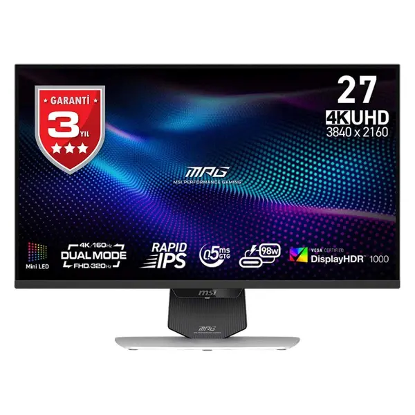 27 MPG 274URDFW E16M 3840x2160 (UHD) 16:9 FLAT RAPID IPS MINI LED UHD 160HZ FHD 320HZ 0.5MS (Min.) ADAPTIVE-SYNC PIVOT BEYAZ GAMING MONITOR