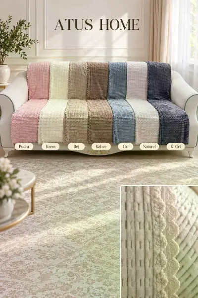 Kaymaz Tabanlı Kabartmalı Şerit Peluş Çok Amaçlı Örtü
