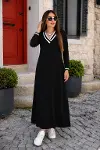 Kadın Uzun Kollu V Yakalı Cepli Uzun Viskon Iki Iplik Elbise-2