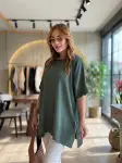 Kadın Bisiklet Yaka Kısa Yarasa Kollu Yanları Yırtmaçlı Oversize Dökümlü Merserize Bluz-1