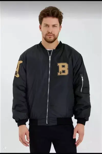 Unisex Uzun Kol Baskılı Bomber Ceket - Siyah
