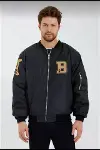 Unisex Uzun Kol Baskılı Bomber Ceket - Siyah-1