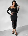 Kadın Uzun Kollu Madonna Dantel Yaka Yırtmaçlı Midi Dalgıç Elbise-2
