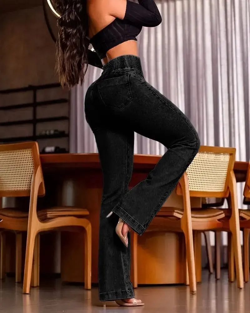 Kadın Yüksek Bel Yanları Lastik önü Düğmeli Kot Pantolon