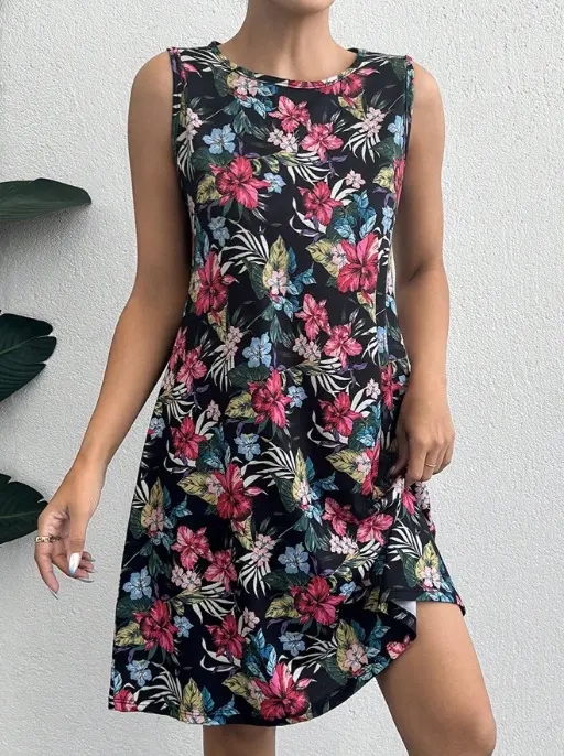 Kadın Renkli çiçek Baskılı Süprem Elbise