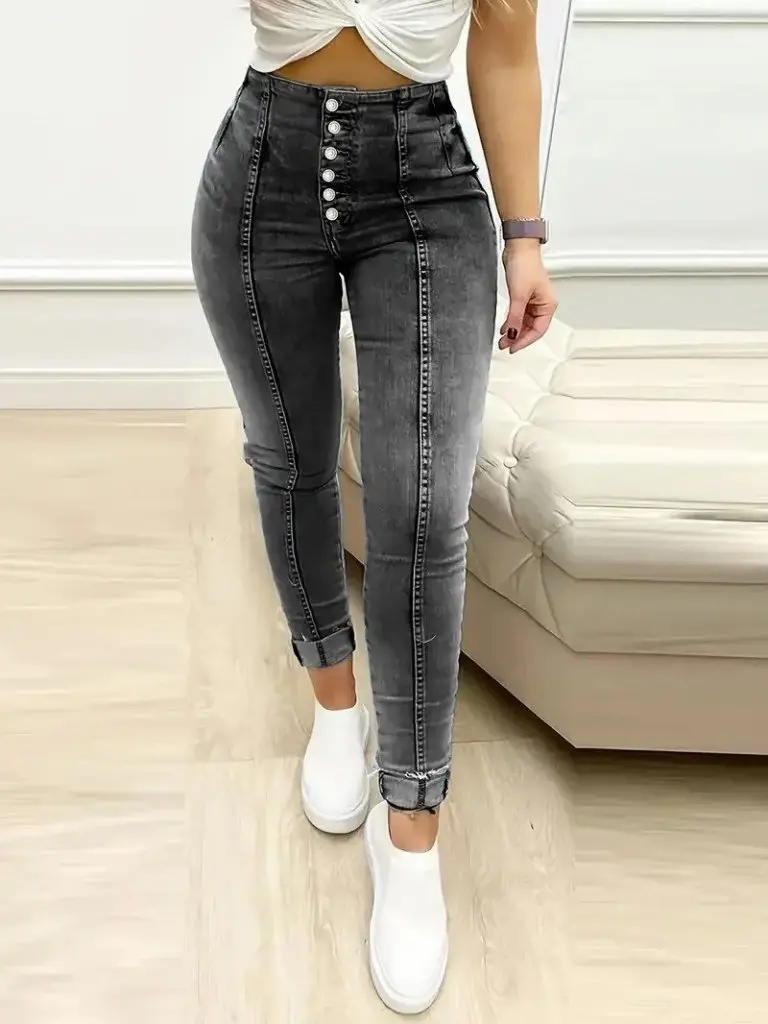 Kadın Yüksek Bel önden Düğmeli Jean Pantolon