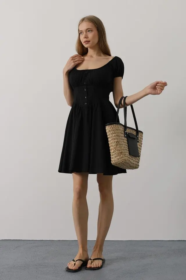Beli Korseli Mini Elbise - Siyah