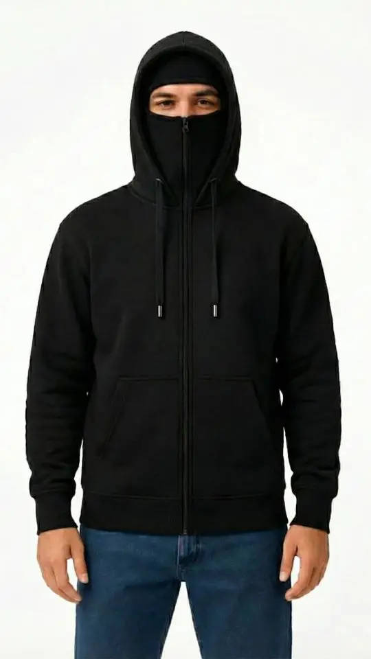 Samuray Ninja Çift Kapüşonlu ZIP Fermuarlı Kanguru Cepli Tam Fermuarlı Hoodie Sweatshirt - Siyah