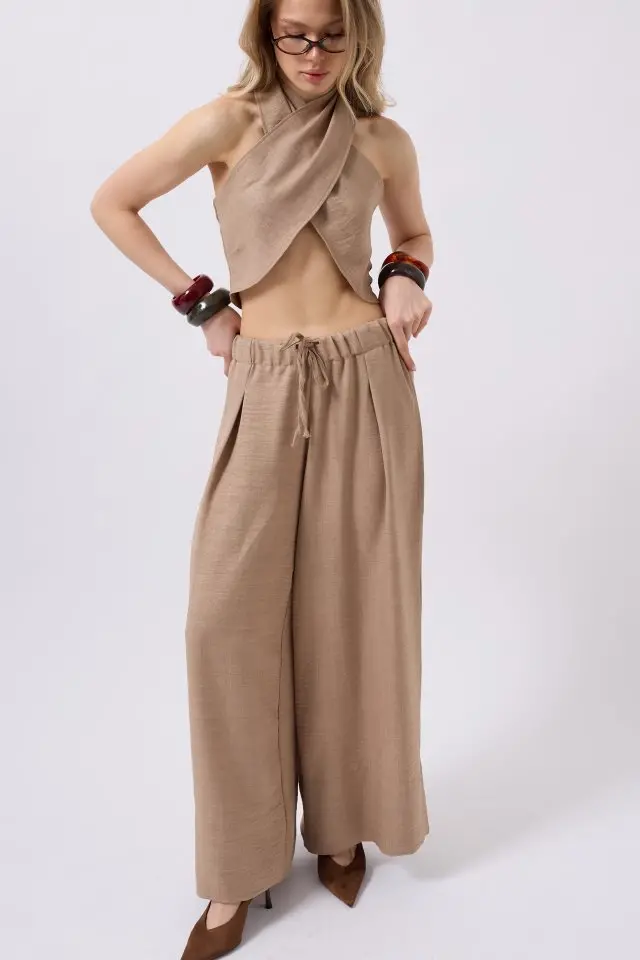 Düşük Bel Oversize Keten Pantolon