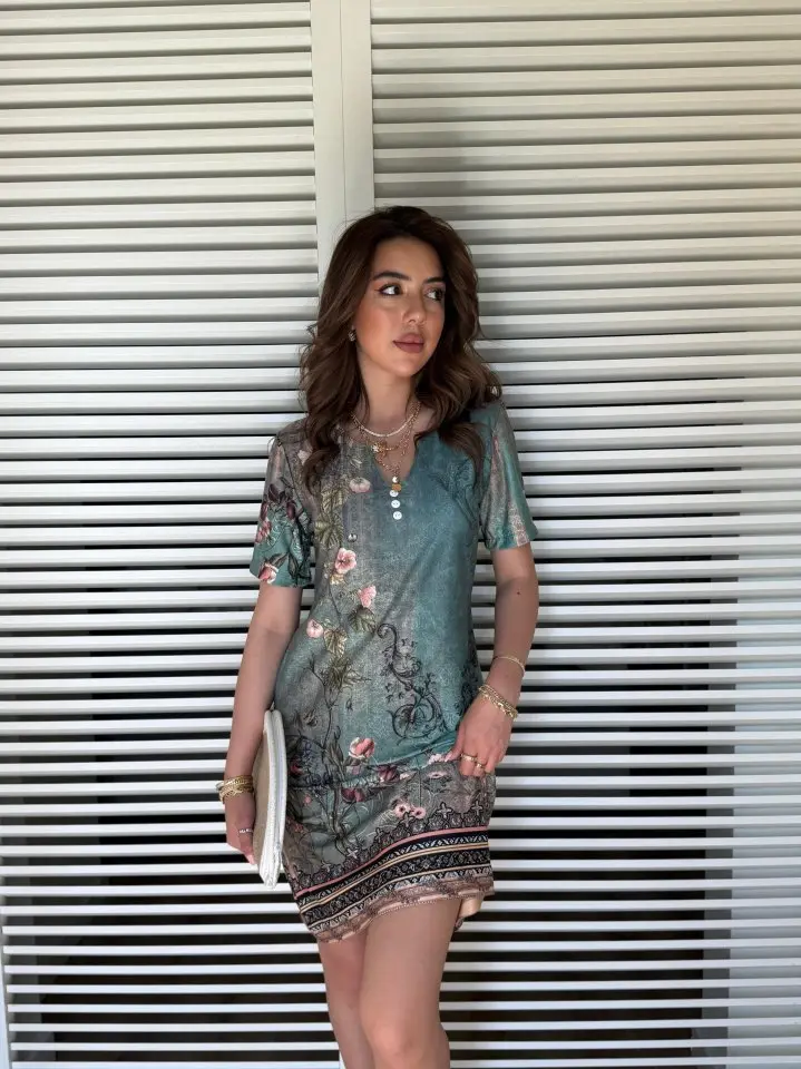 Kadın Kısa Kollu V Yakalı çiçek Baskılı Midi Süprem Elbise
