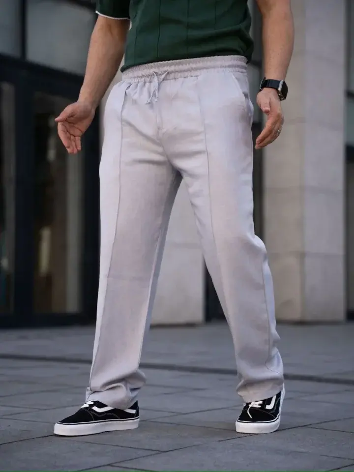 Erkek Keten Cepli Çıma Dikişli Jogger Buggy Pantalon Rahat Kalıp - Gri
