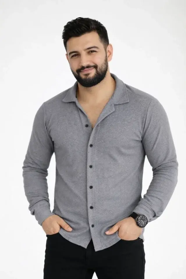 Erkek Waffle Kumaş Uzun Kollu Düğmeli Açık Yaka Regular Fit Gömlek - Füme