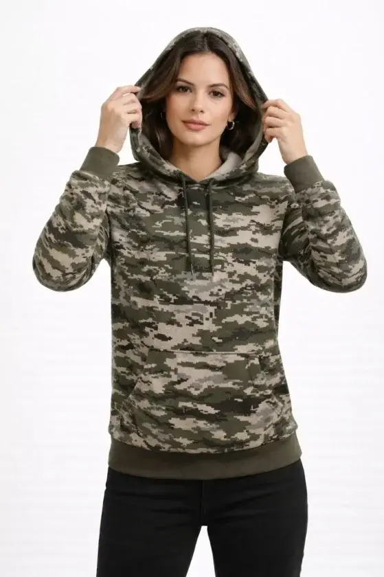 Kamuflaj Desenli 2 İplik 4 Mevsim Kapüşonlu Kanguru Cepli Hoodie Sweatshirt - Kamuflaj