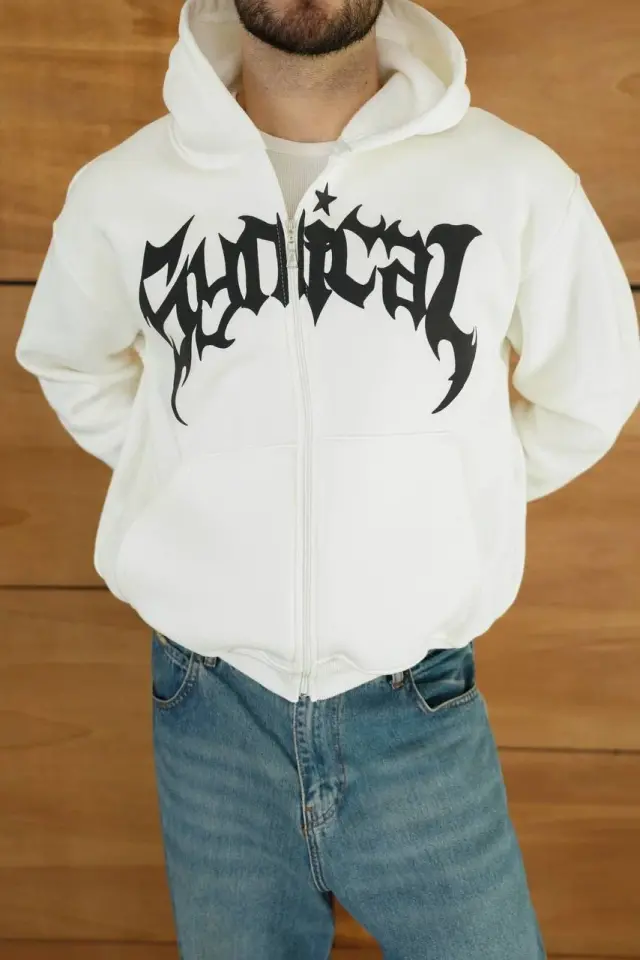 Erkek Kapüşonlu Sweatshirt Hoodie 3 İplik Şardonlu Pamuklu Kumaş, Önü Baskılı, Fermuarlı Rahat Kalıp, Kışlık Ve Sokak Stili Sweat - Beyaz