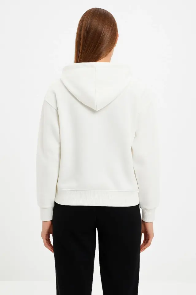 Oversize Kapüşonlu Sweatshirt Hoodie 3 İplik Şardonlu Pamuklu Kumaş, Önü Baskılı, Fermuarlı Rahat Kalıp, Kışlık Ve Sokak Stili Sweat - Beyaz