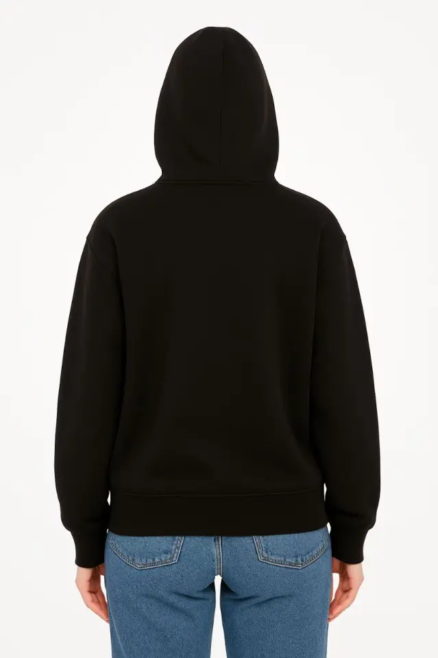 Oversize Kapüşonlu Sweatshirt  Hoodie 3 İplik Şardonlu Pamuklu Kumaş, Önü Baskılı, Fermuarlı Rahat Kalıp, Kışlık Ve Sokak Stili Sweat - Siyah