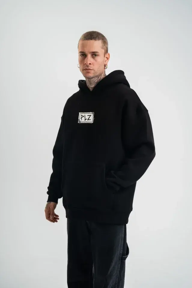 Unisex Kapşonlu Uzun Kol Patchli Nakışlı SweatShirt - Siyah