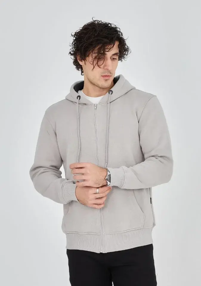 Unisex Tam Fermuarlı Kapşonlu&nbsp; SweatShirt - Boyalı Gri