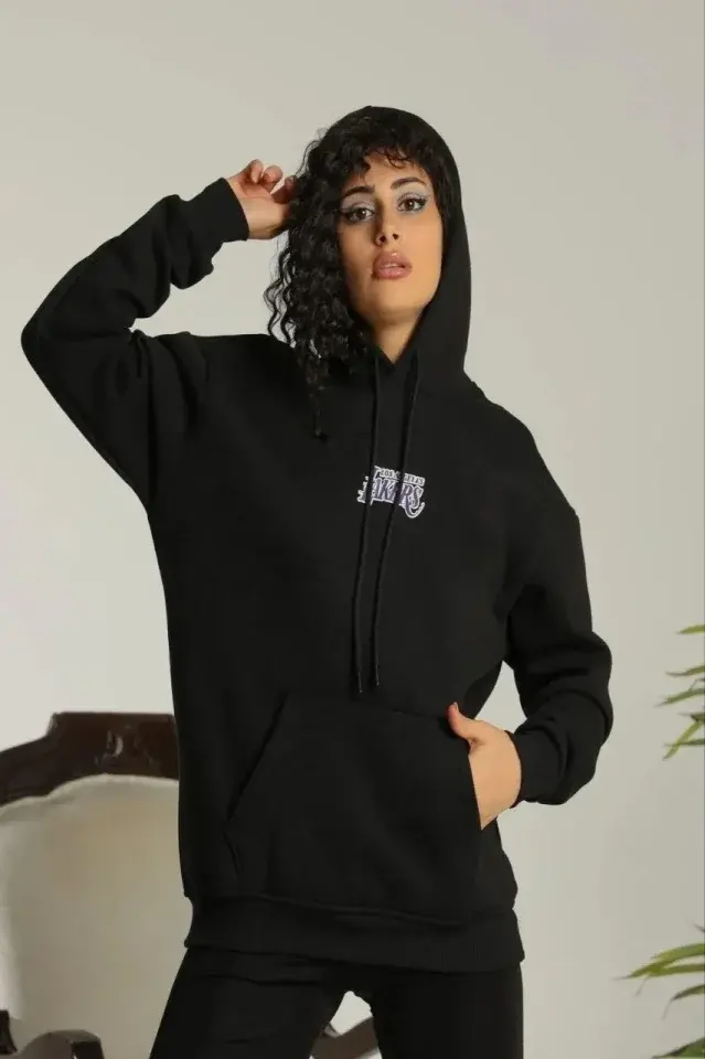 Baskılı Oversize Üç İplik Kapüşonlu Sweatshirt - Siyah