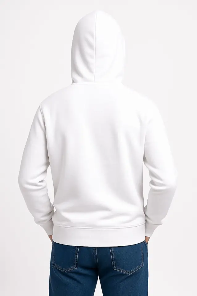 Erkek Üç İplik Kapüşonlu Kanguru Cepli SweatShirt Hoodie - Beyaz