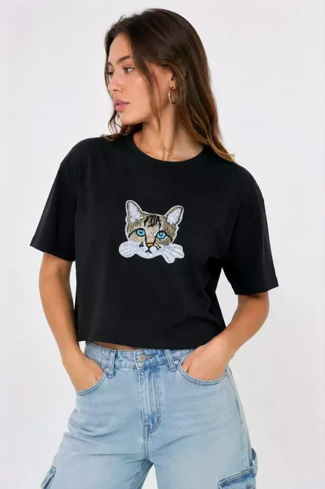 Kedi Baskılı Oversize Crop Tişört Salaş Basic Yarım Kol T-shirt - Siyah