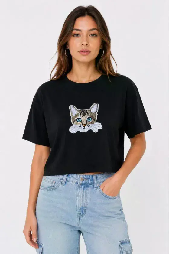 Kedi Baskılı Oversize Crop Tişört Salaş Basic Yarım Kol T-shirt - Siyah