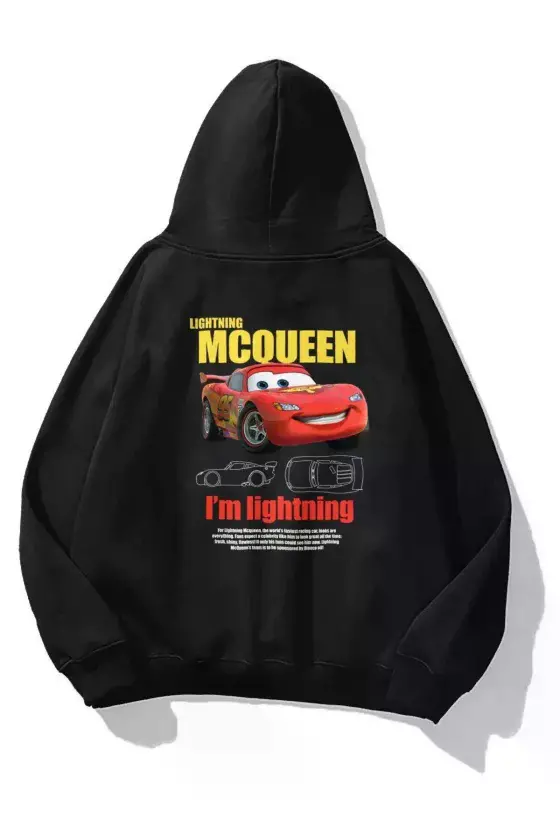 Sevgililer Günü Araba Baskılı Oversize Kapüşonlu Sweatshirt Hoodie - Siyah