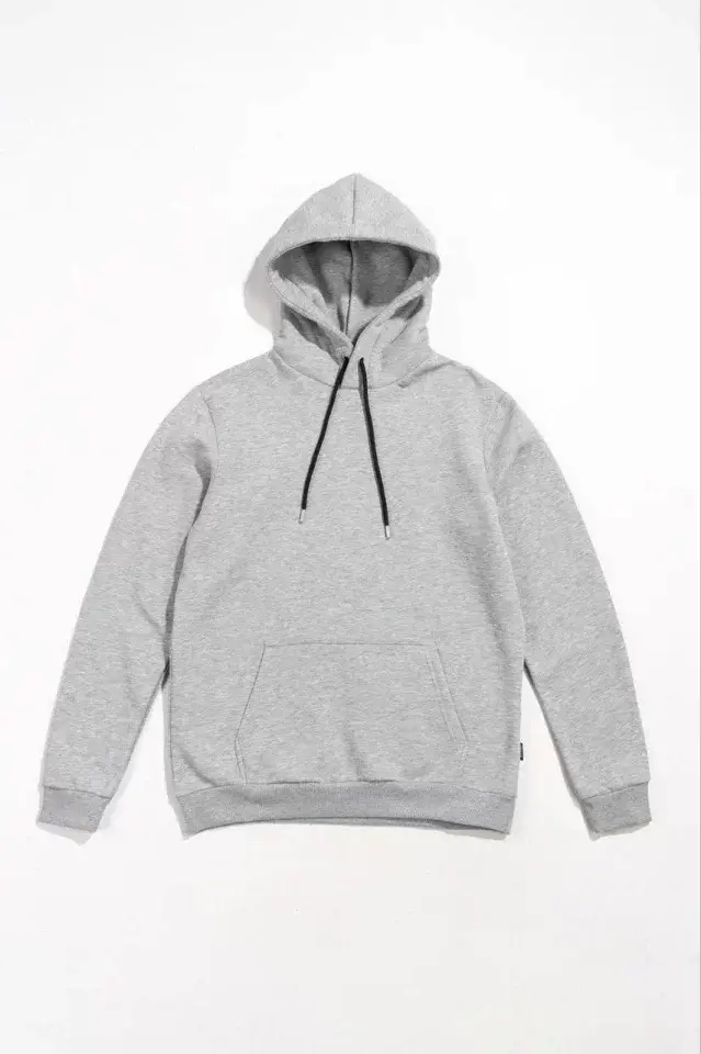 Erkek Uzun Kol Kapşonlu Basic Sweatshirt Hoodie - Gri