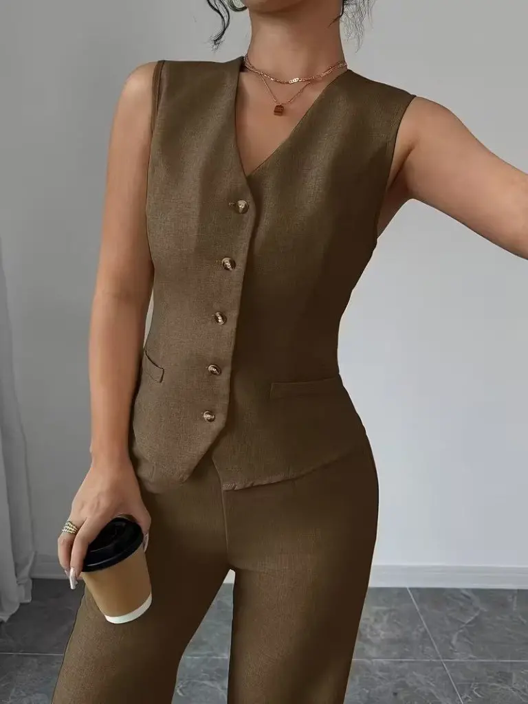 Kadın Askılı önden Düğmeli Bluz Ve Pantolon Keten Ikili Takım