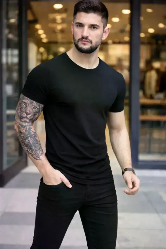 Erkek T-Shirt Bisiklet Yaka Slim Fit Dar Kesim Likralı Tişört Günlük Basic Body - Siyah
