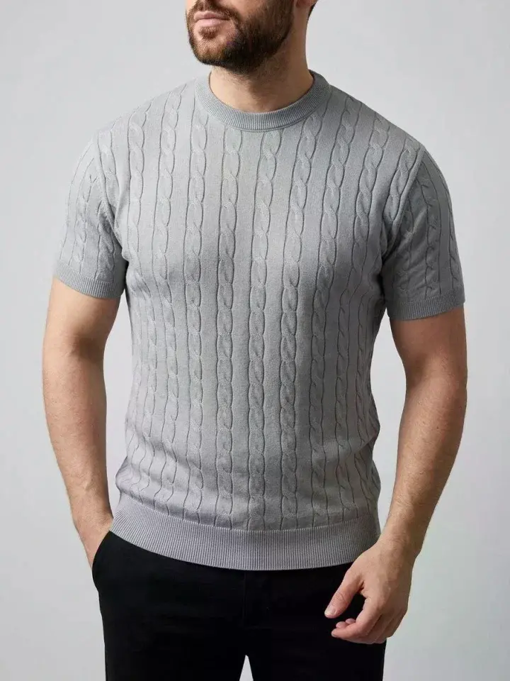 Erkek Yazlık Triko Dokuma Tişört Kısa Kol Bisiklet Yaka Örgü Desenli T-Shirt - Gri