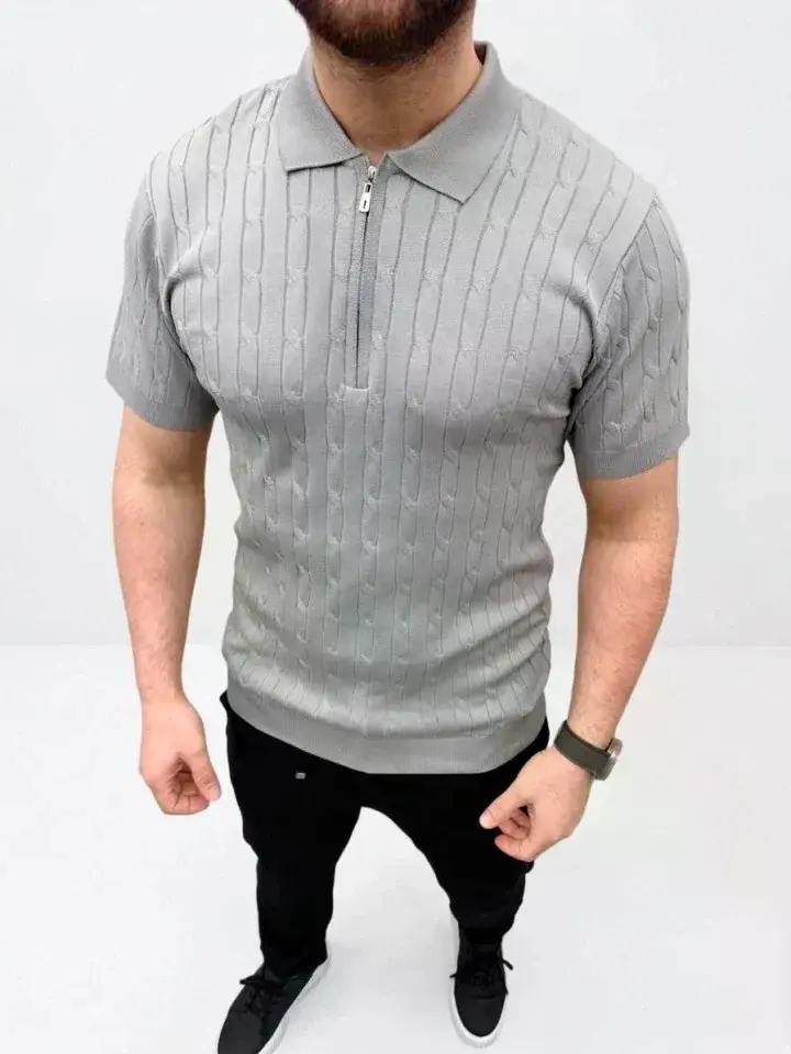 Erkek Yazlık Triko Saç Örgü Tişört Kısa Kol Polo Yaka Fermuarlı T-Shirt - Gri