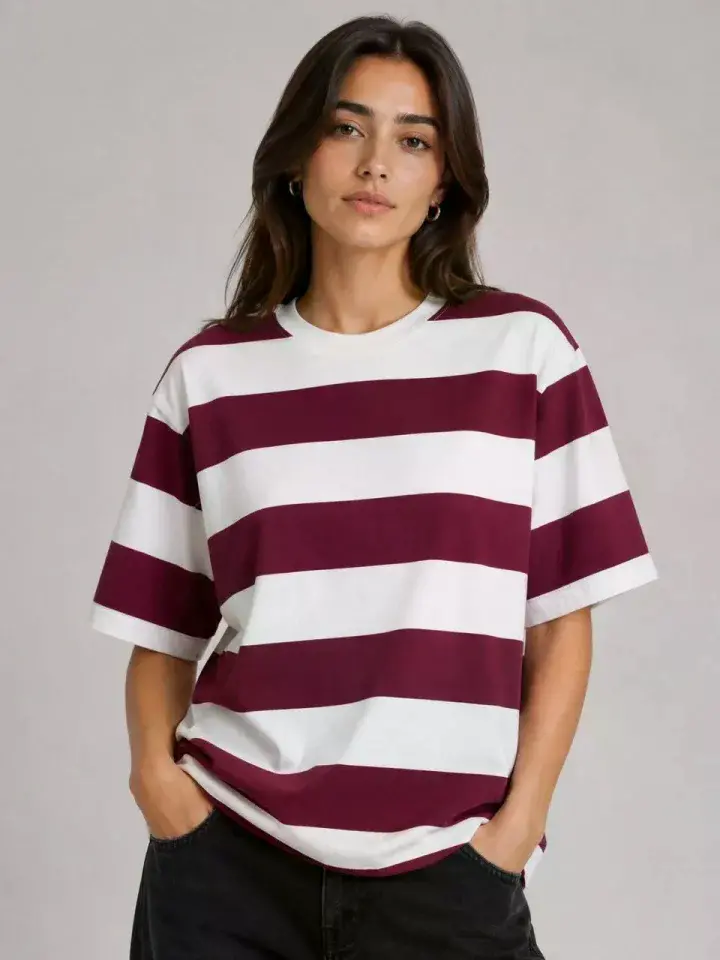 Çizgili Oversize Tişört Bisiklet Yaka Kısa Kol Yazlık T-Shirt - Bordo