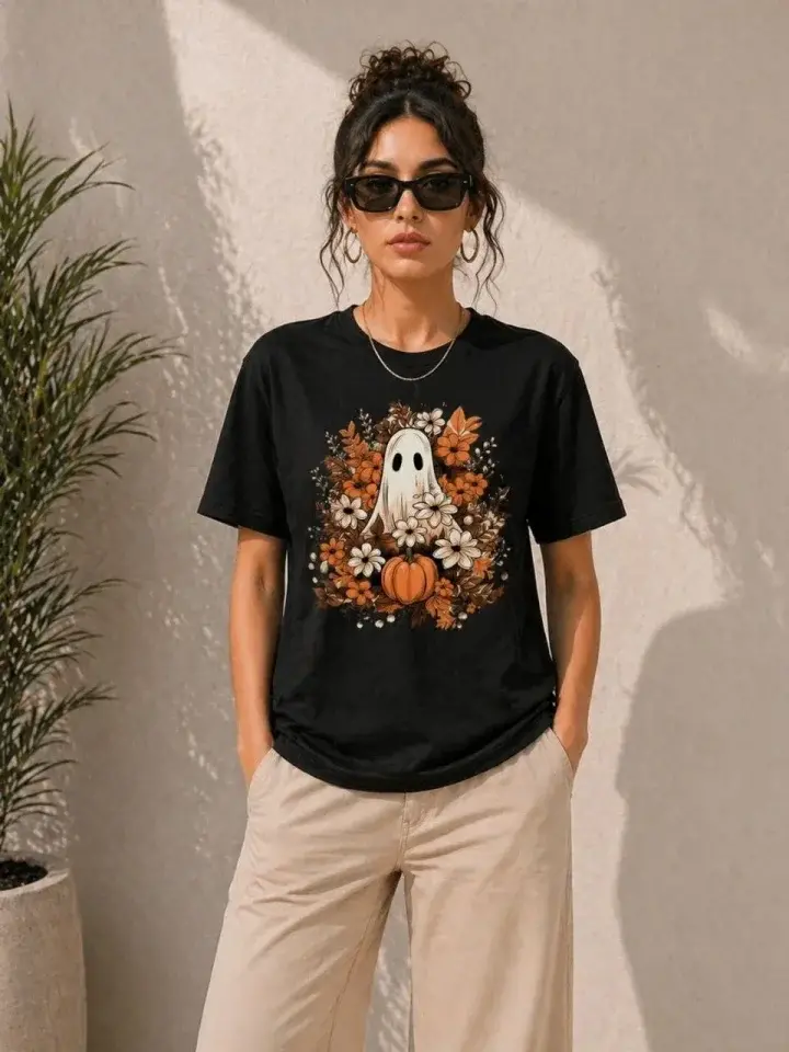 Balkabağı Hayalet Baskılı Tişört Kısa Kol Yazlık T-Shirt - Siyah