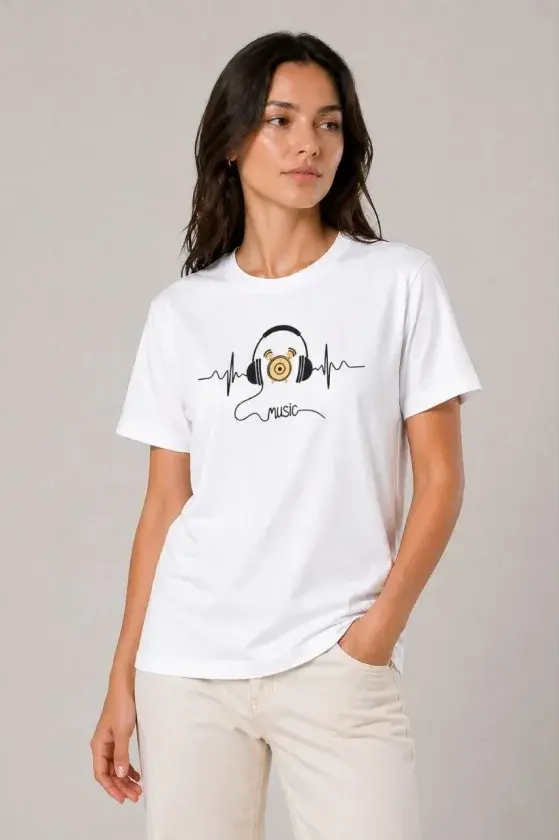 Müzik Temalı Baskılı Tişört Bisiklet Yaka Kısa Kol T-Shirt - Beyaz